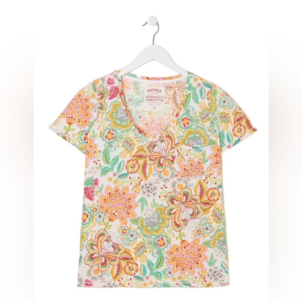 FAT FACE WOMEN'S SHORT SLEEVE MAGGIE V-NECK T-SHIRT IN MULTI FLORAL SIZE 16 - Picture 4 of 11